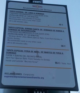 Precios oficiales de paso en coche de caballos por Sevilla